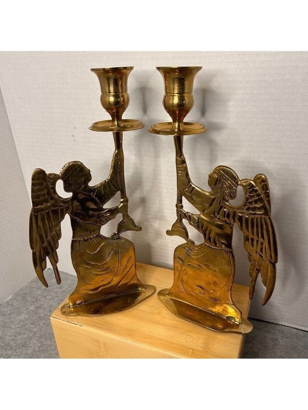 Vintage Mid Century Brass Candlesticks Angels Flat 11” Tall Made In India